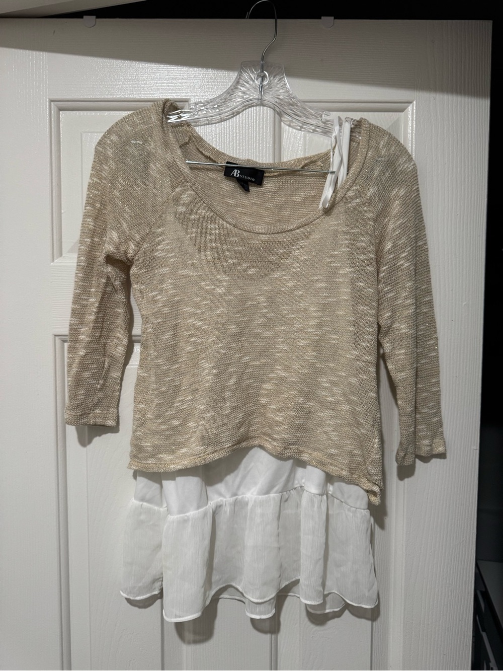 AB Studio Beige Knit Tunic with White Chiffon Ruffle Hem M/L